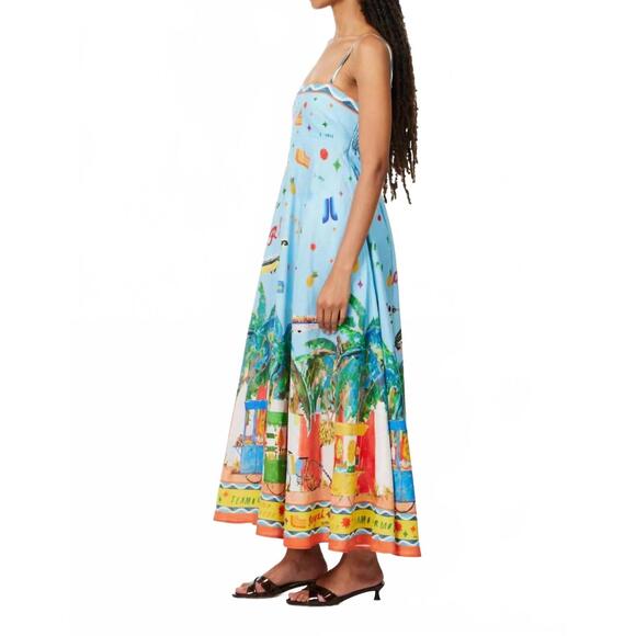 NEW ALEMAIS teamo supremo midi dress in blue multi - Picture 2 of 5
